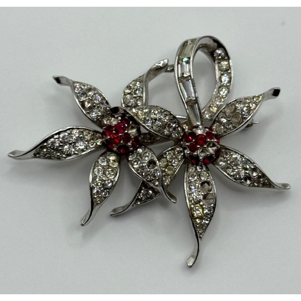 Vintage Boucher Flower Brooch Rhinestone Silver Tone Floral Pin Signed AS IS